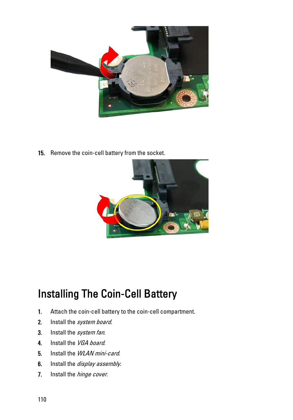 Installing the coin-cell battery | Dell Vostro 3450 (Early 2011) User Manual | Page 110 / 131