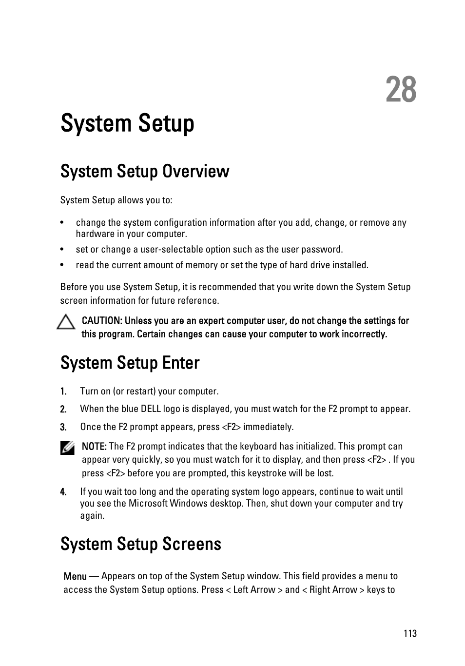 System setup, System setup overview, System setup enter | System setup screens, 28 system setup | Dell Vostro 3450 (Early 2011) User Manual | Page 113 / 131