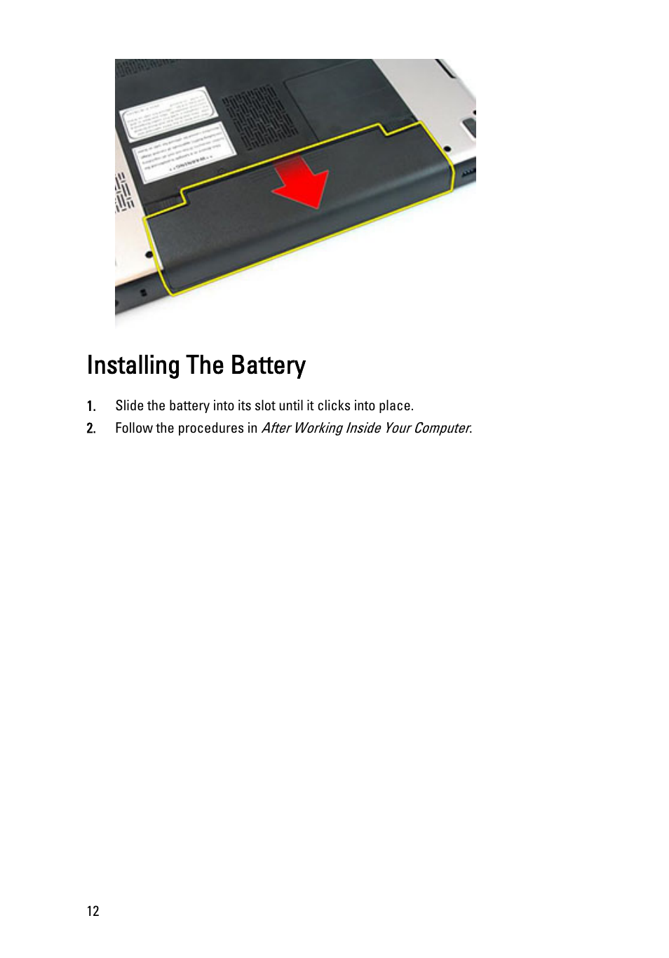Installing the battery | Dell Vostro 3450 (Early 2011) User Manual | Page 12 / 131
