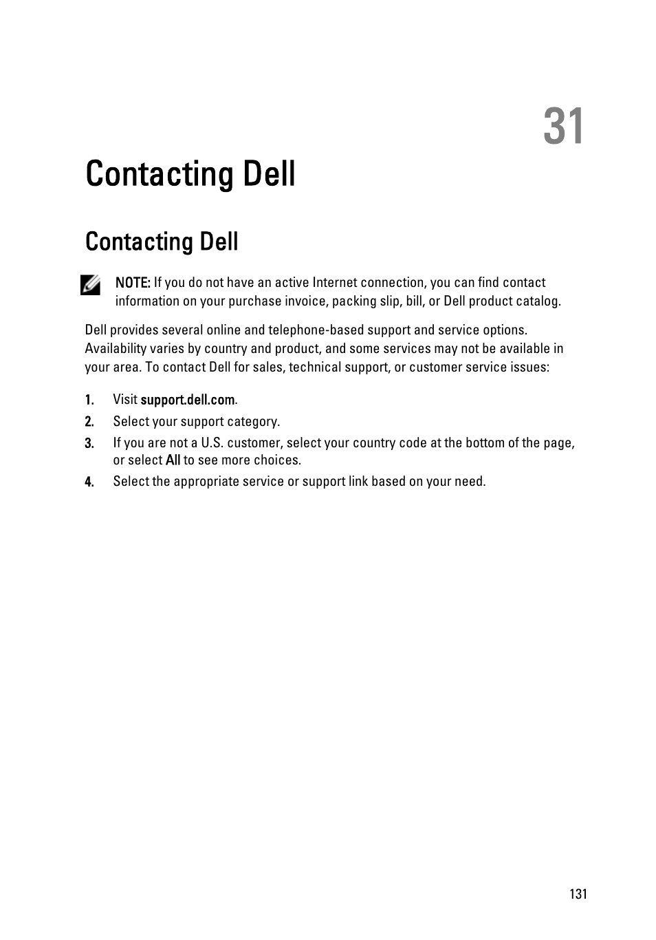 Contacting dell, 31 contacting dell | Dell Vostro 3450 (Early 2011) User Manual | Page 131 / 131