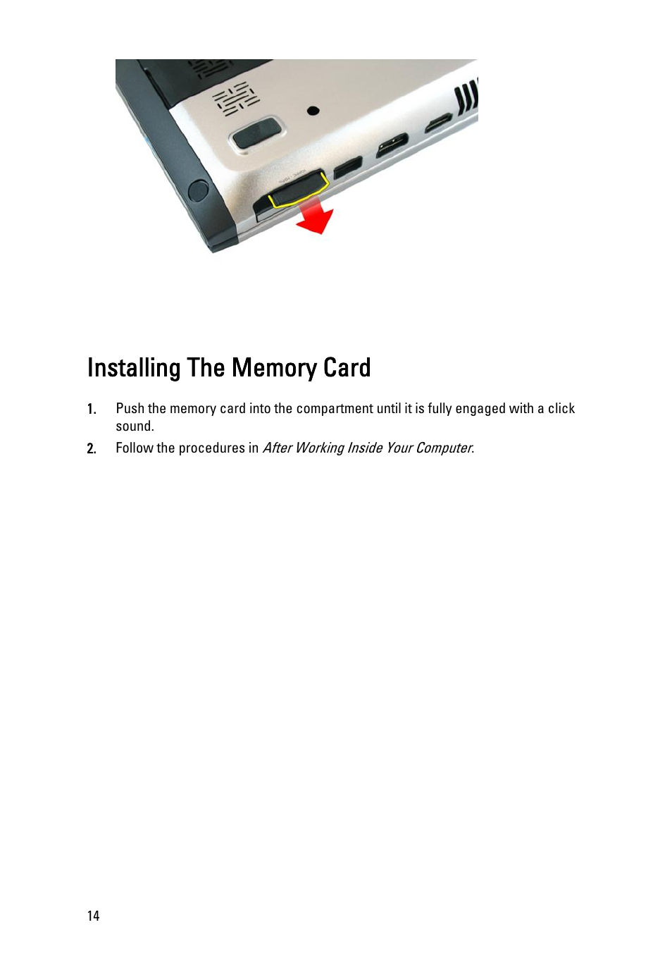 Installing the memory card | Dell Vostro 3450 (Early 2011) User Manual | Page 14 / 131