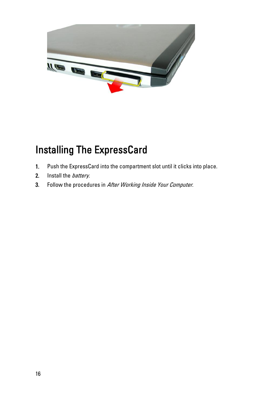 Installing the expresscard | Dell Vostro 3450 (Early 2011) User Manual | Page 16 / 131