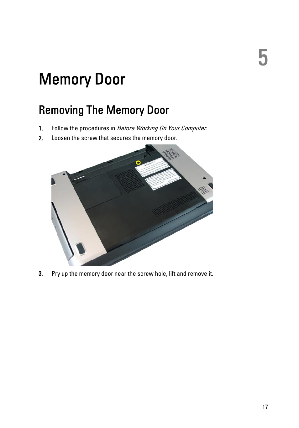 Memory door, Removing the memory door, 5 memory door | Dell Vostro 3450 (Early 2011) User Manual | Page 17 / 131