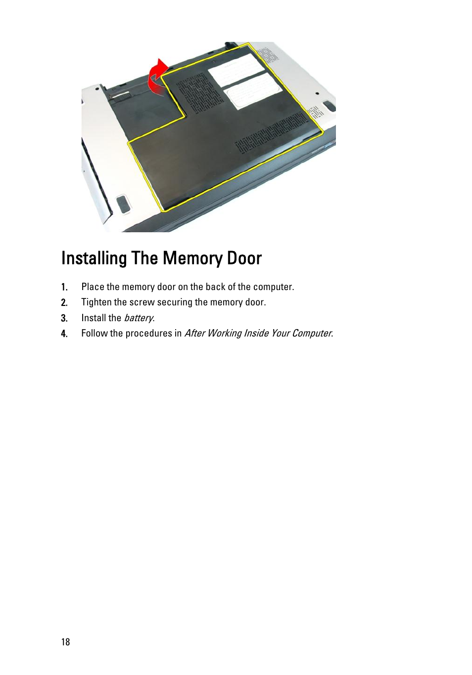 Installing the memory door | Dell Vostro 3450 (Early 2011) User Manual | Page 18 / 131