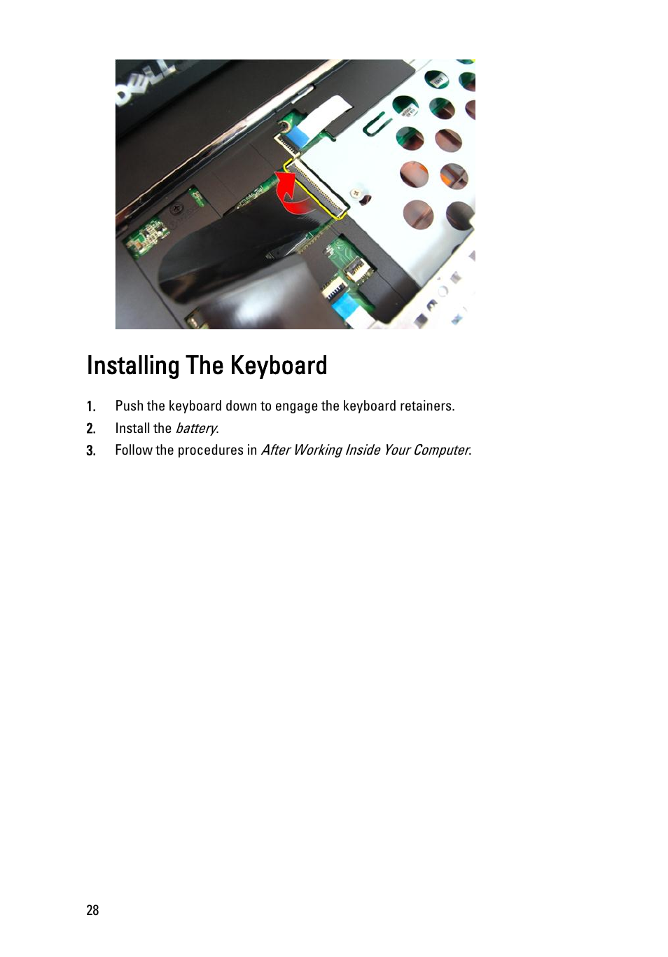 Installing the keyboard | Dell Vostro 3450 (Early 2011) User Manual | Page 28 / 131