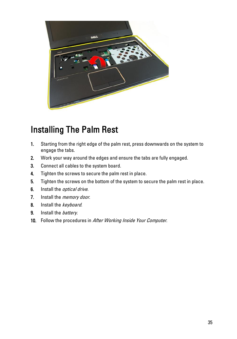 Installing the palm rest | Dell Vostro 3450 (Early 2011) User Manual | Page 35 / 131