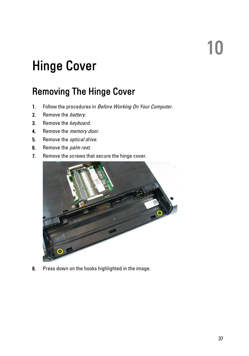 Hinge cover, Removing the hinge cover, 10 hinge cover | Dell Vostro 3450 (Early 2011) User Manual | Page 37 / 131