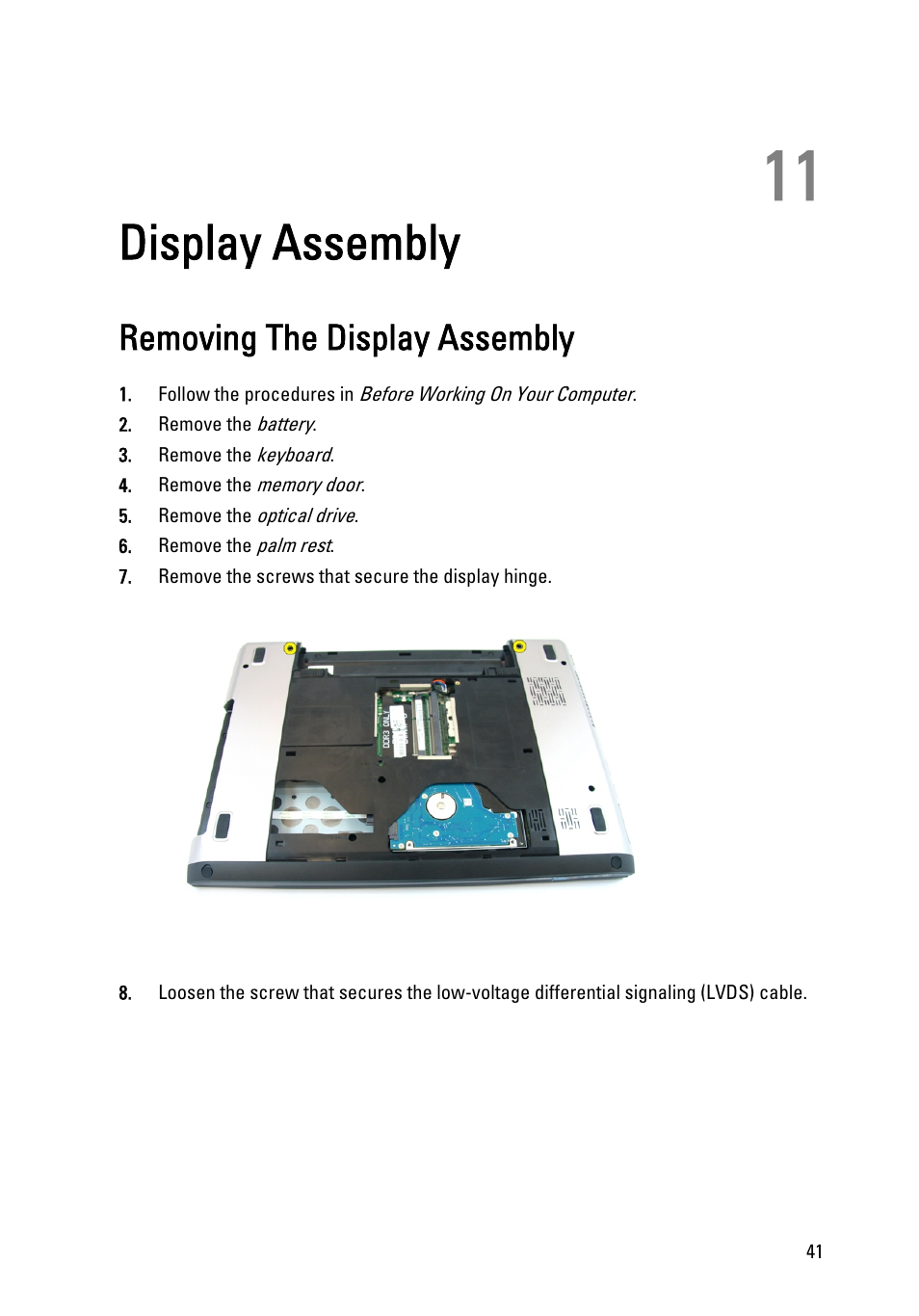 Display assembly, Removing the display assembly, 11 display assembly | Dell Vostro 3450 (Early 2011) User Manual | Page 41 / 131