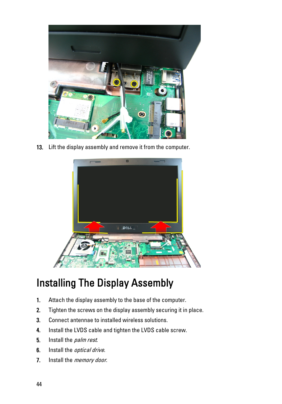 Installing the display assembly | Dell Vostro 3450 (Early 2011) User Manual | Page 44 / 131