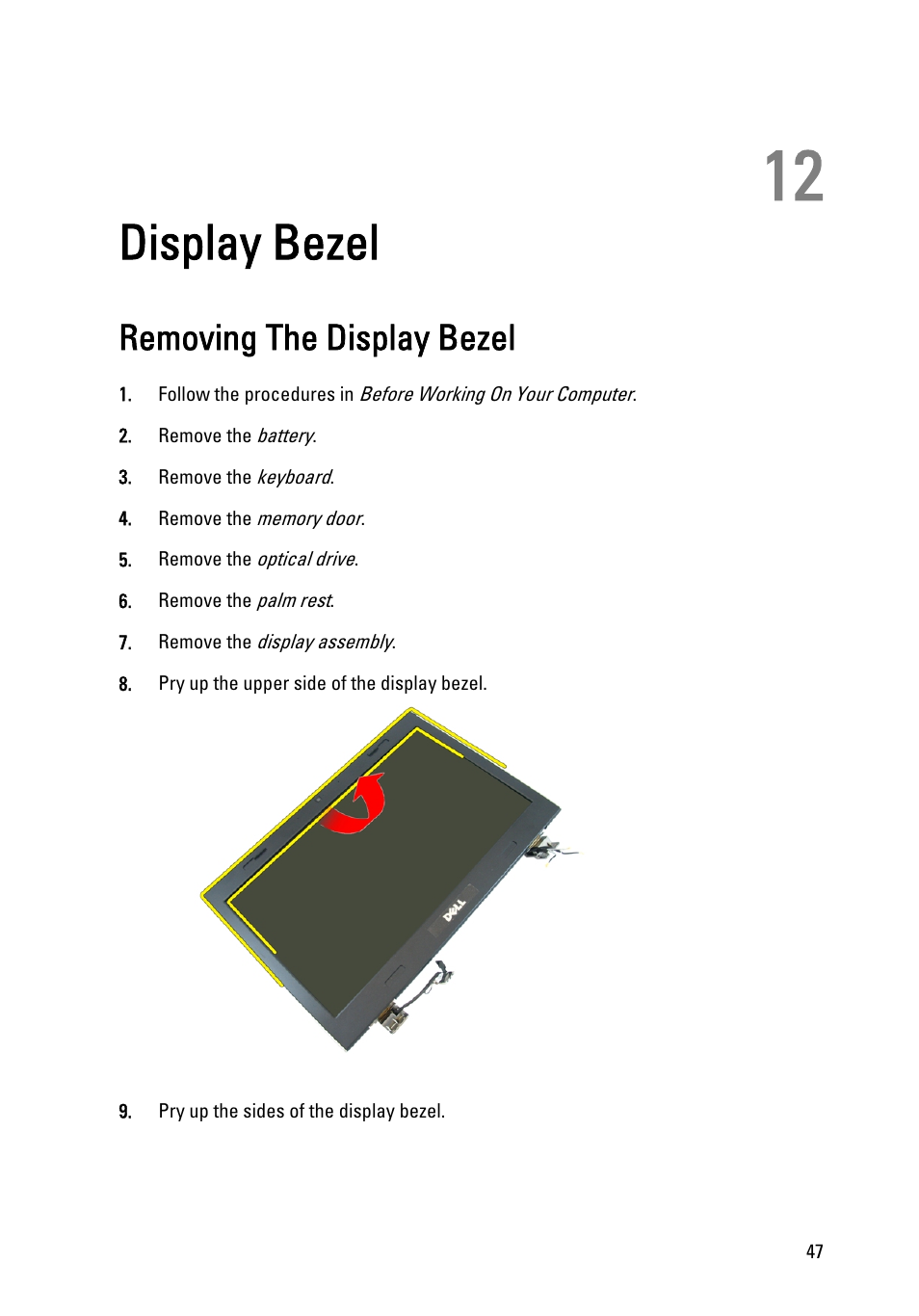 Display bezel, Removing the display bezel, 12 display bezel | Dell Vostro 3450 (Early 2011) User Manual | Page 47 / 131