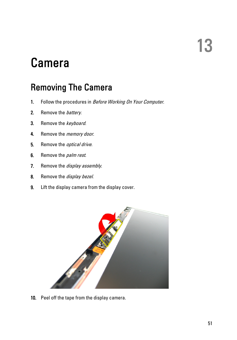 Camera, Removing the camera, 13 camera | Dell Vostro 3450 (Early 2011) User Manual | Page 51 / 131