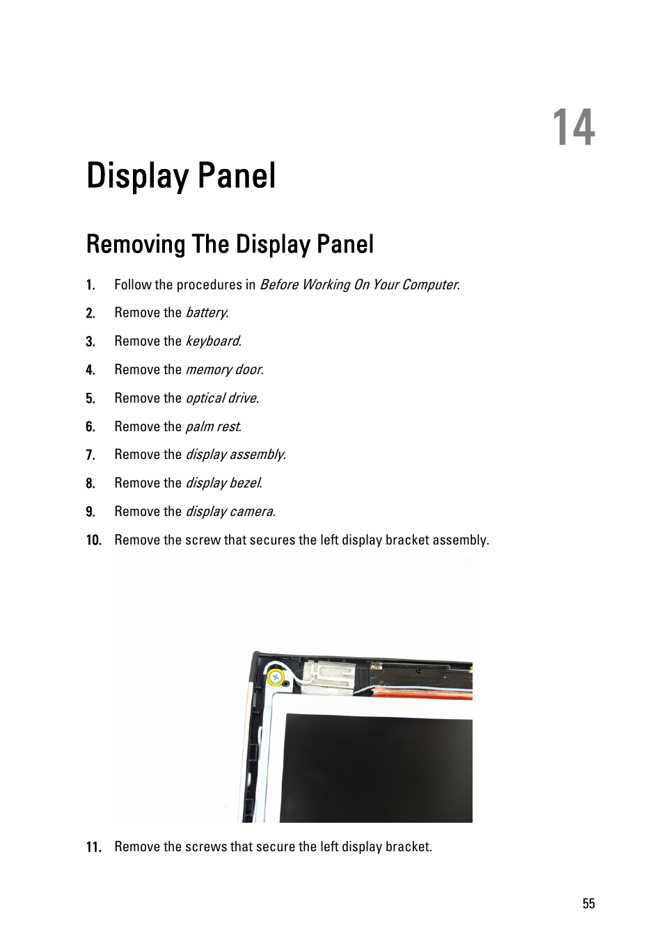 Display panel, Removing the display panel, 14 display panel | Dell Vostro 3450 (Early 2011) User Manual | Page 55 / 131