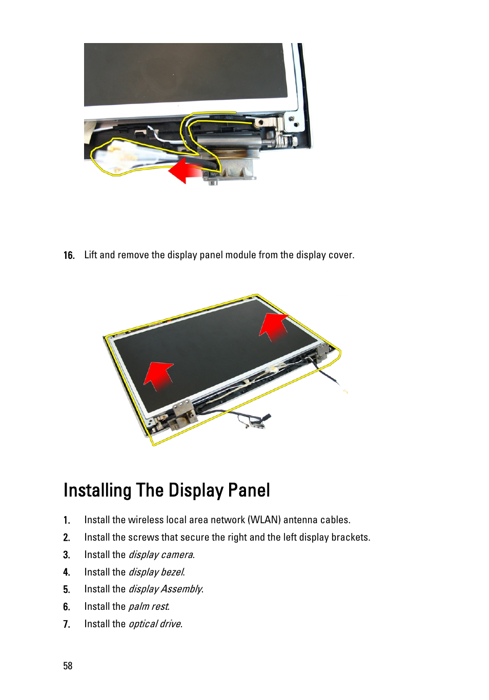 Installing the display panel | Dell Vostro 3450 (Early 2011) User Manual | Page 58 / 131