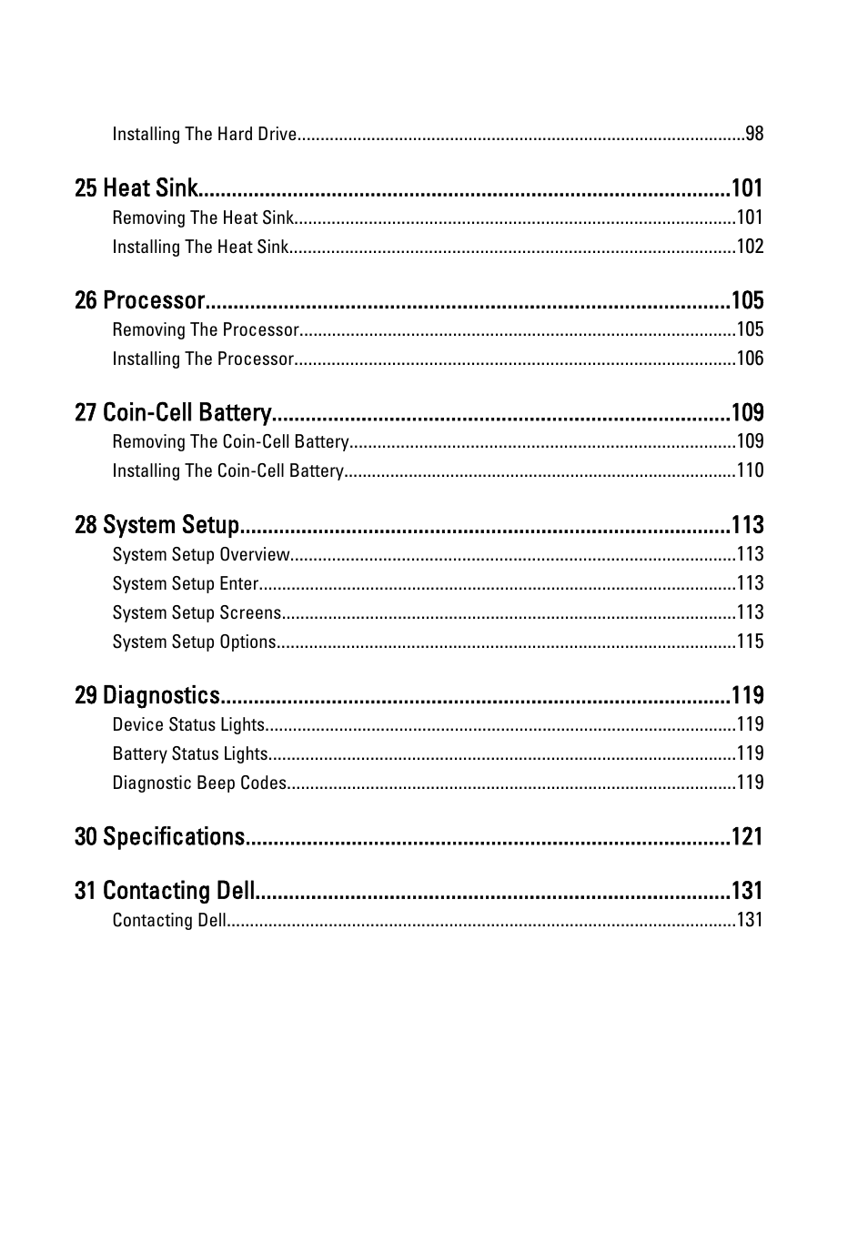 25 heat sink, 26 processor, 27 coin-cell battery | 28 system setup, 29 diagnostics, 30 specifications 31 contacting dell | Dell Vostro 3450 (Early 2011) User Manual | Page 6 / 131