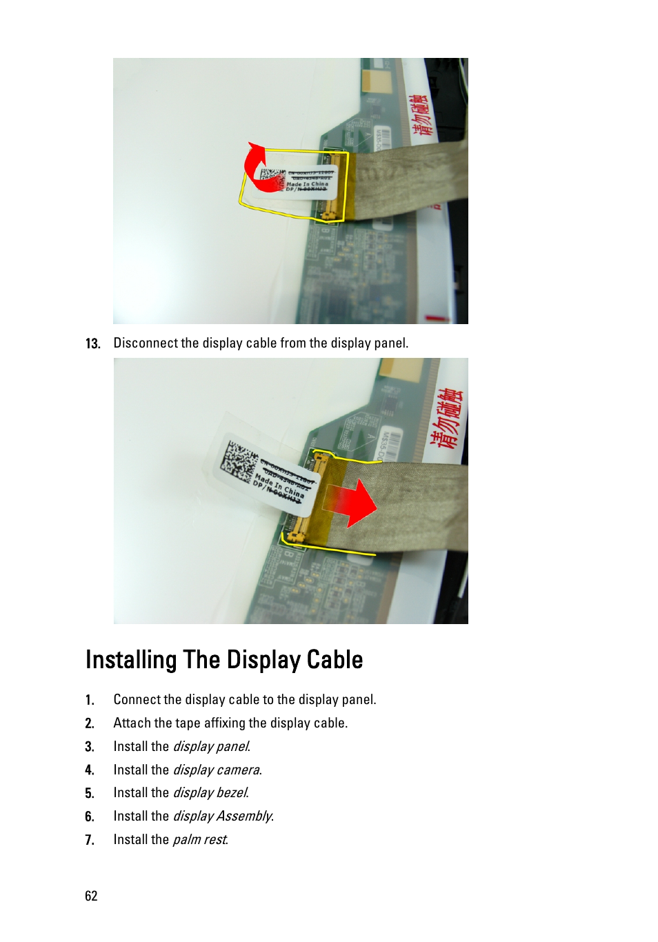 Installing the display cable | Dell Vostro 3450 (Early 2011) User Manual | Page 62 / 131