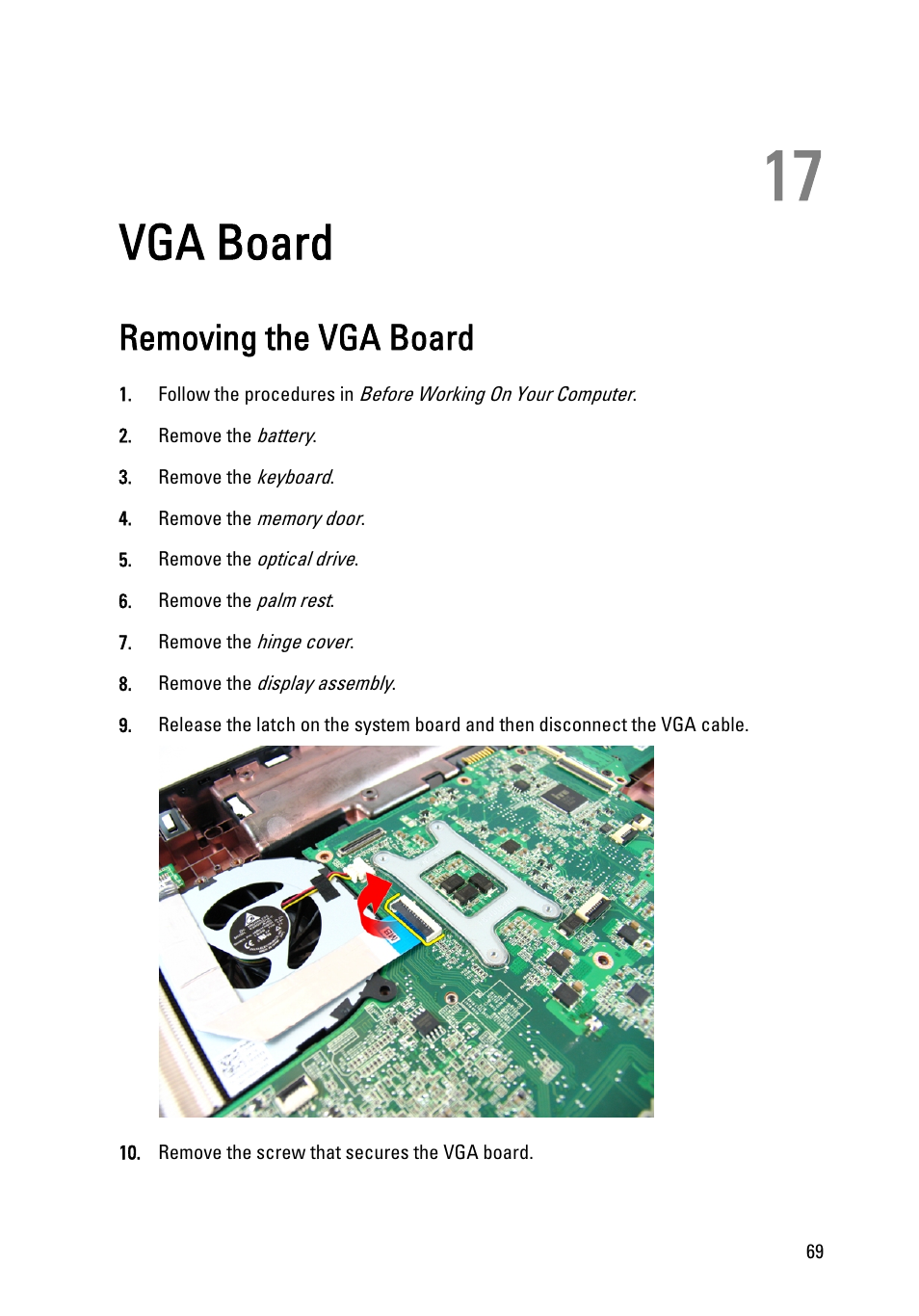 Vga board, Removing the vga board, 17 vga board | Dell Vostro 3450 (Early 2011) User Manual | Page 69 / 131