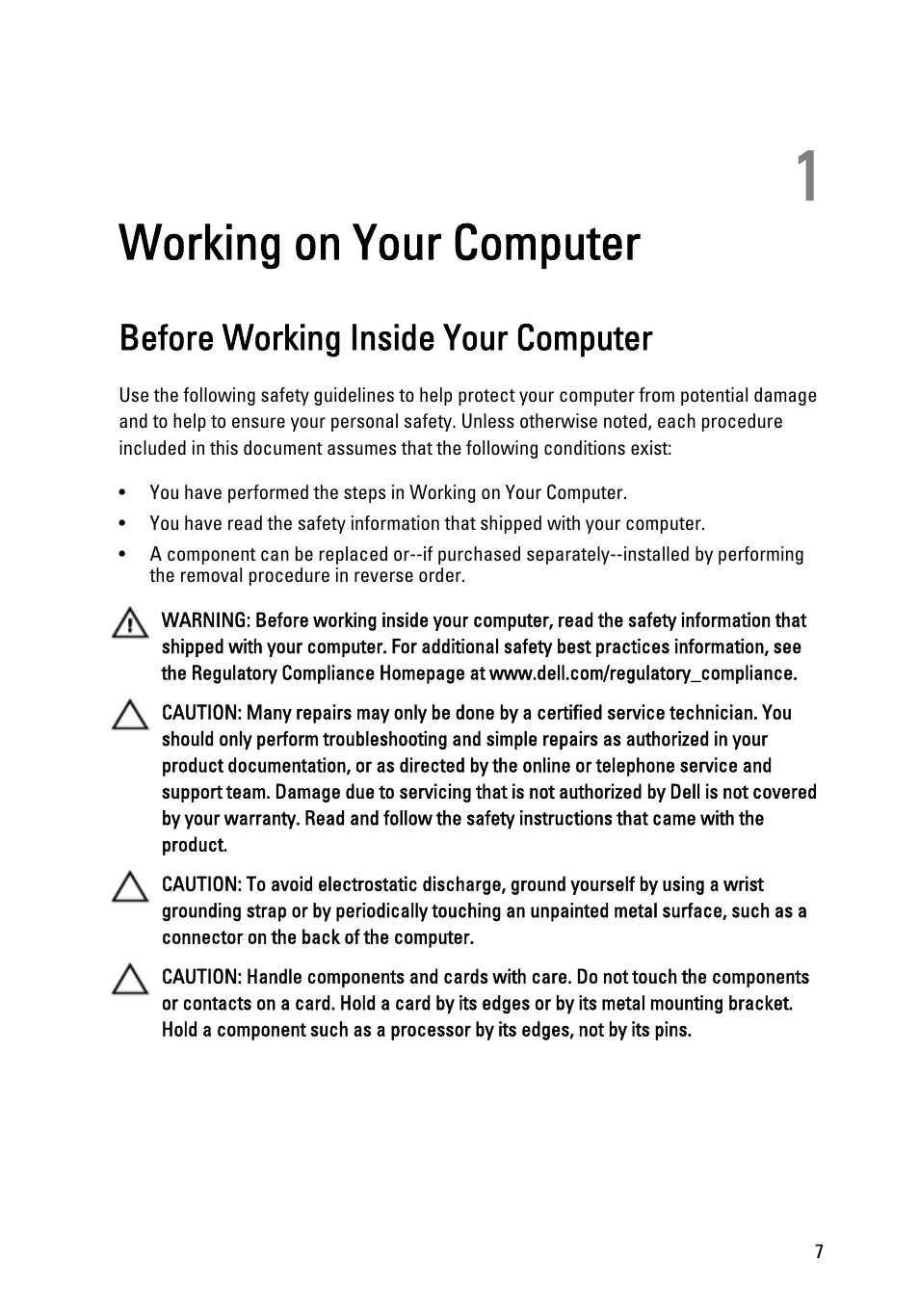 Working on your computer, Before working inside your computer, 1 working on your computer | Dell Vostro 3450 (Early 2011) User Manual | Page 7 / 131