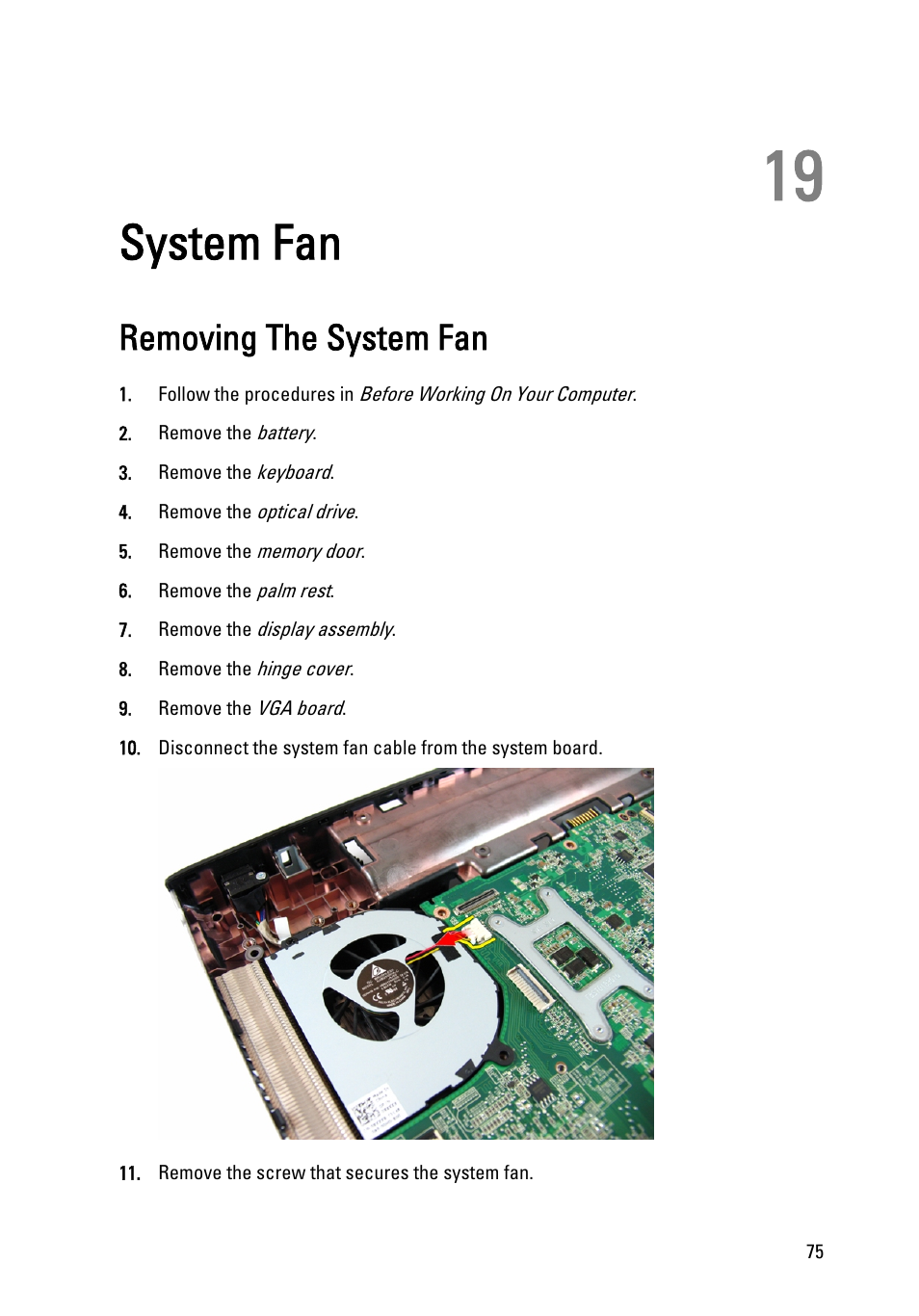 System fan, Removing the system fan, 19 system fan | Dell Vostro 3450 (Early 2011) User Manual | Page 75 / 131