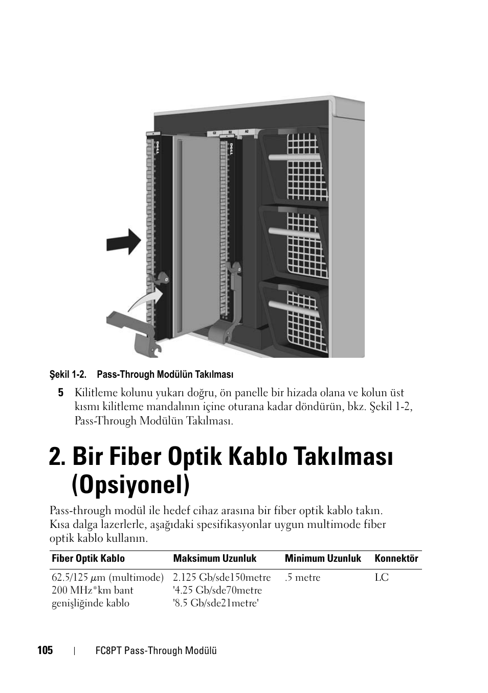 Bir fiber optik kablo takılması (opsiyonel) | Dell POWEREDGE M1000E User Manual | Page 105 / 116