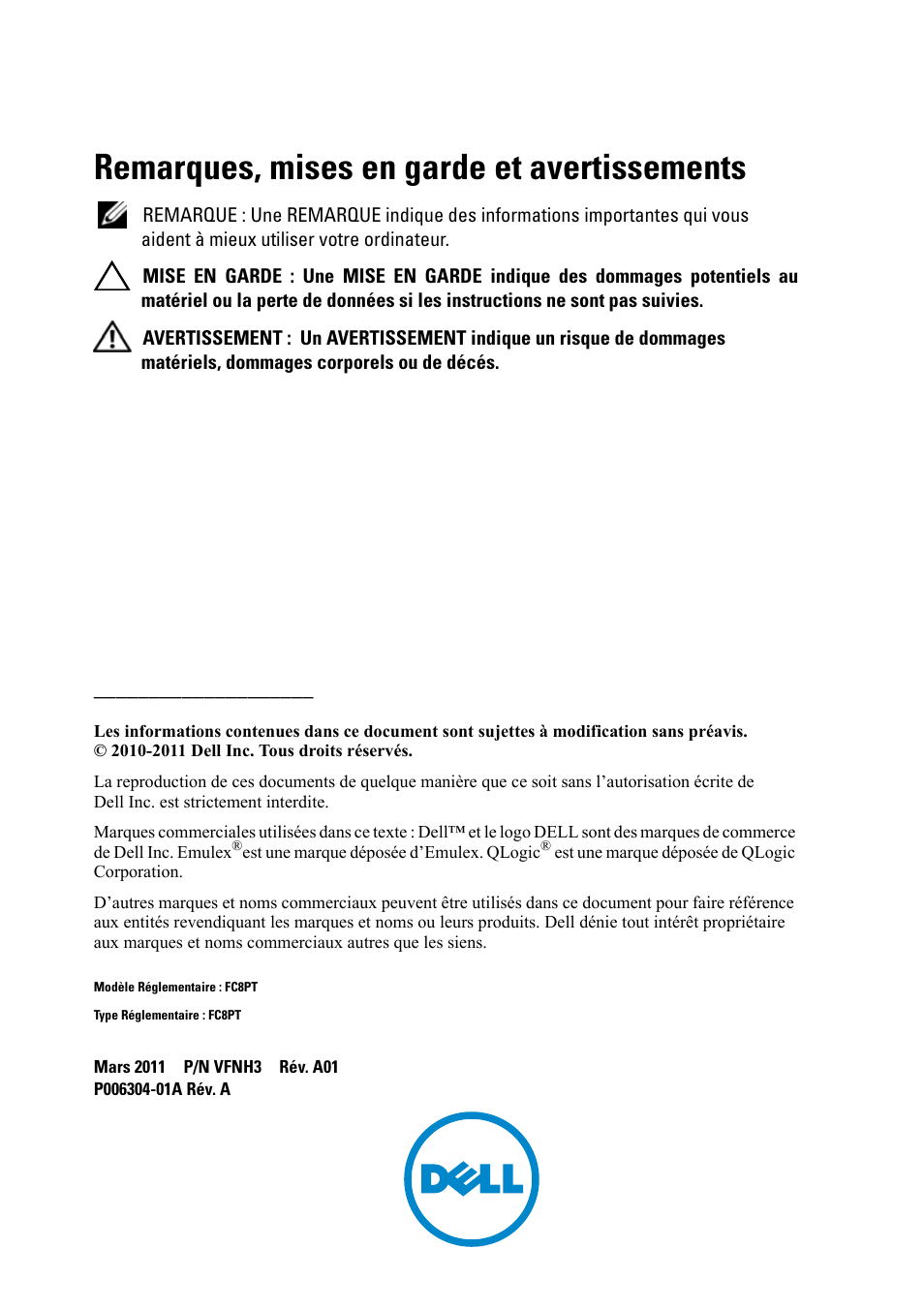 Remarques, mises en garde et avertissements | Dell POWEREDGE M1000E User Manual | Page 18 / 116