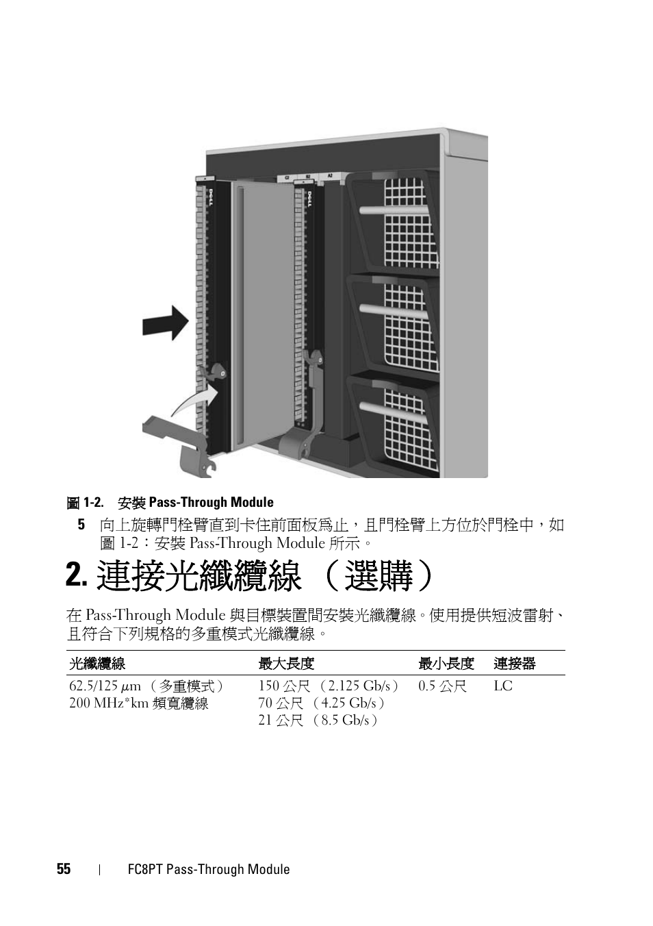 連接光纖纜線（選購, 連接光纖纜線 （選購 | Dell POWEREDGE M1000E User Manual | Page 55 / 116