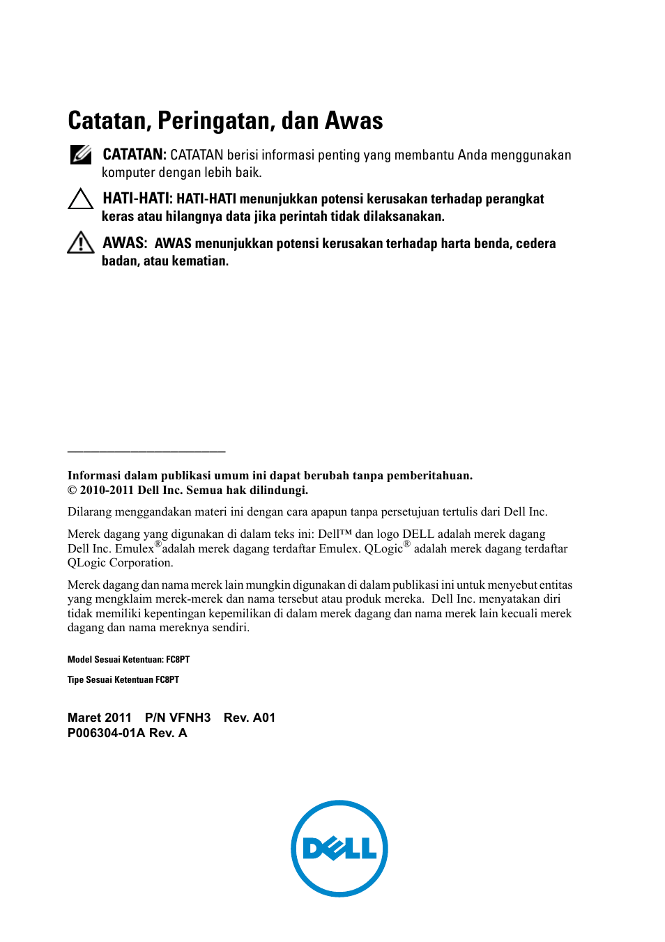 Catatan, peringatan, dan awas | Dell POWEREDGE M1000E User Manual | Page 96 / 116