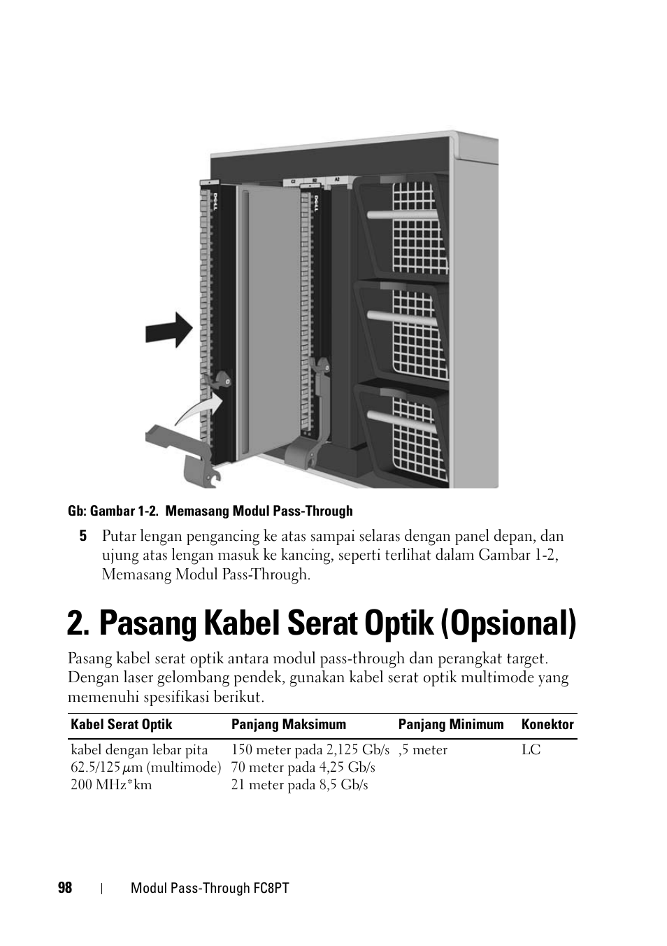 Pasang kabel serat optik (opsional) | Dell POWEREDGE M1000E User Manual | Page 98 / 116