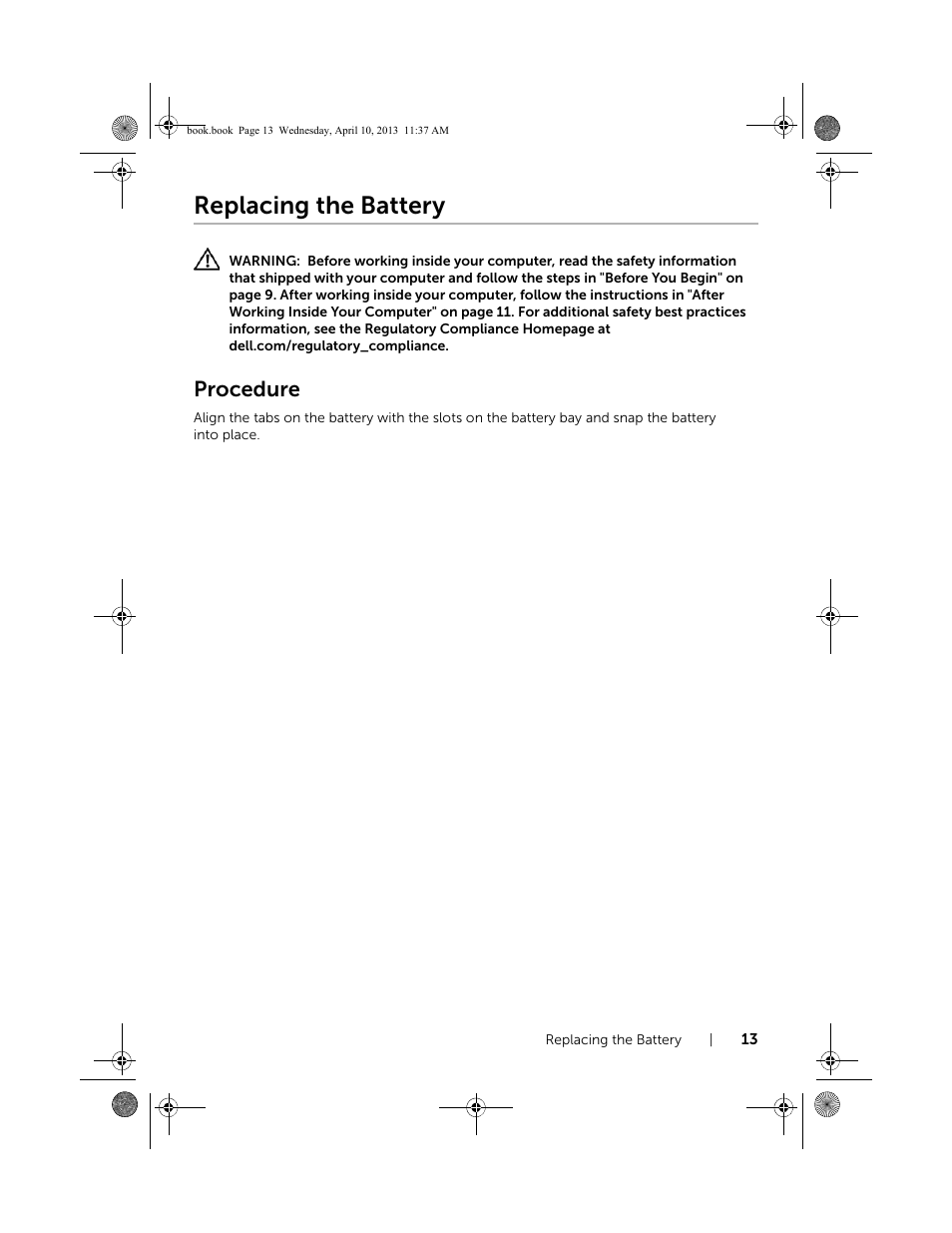 Replacing the battery, Procedure | Dell Inspiron M431R (5435, Mid 2013) User Manual | Page 13 / 72