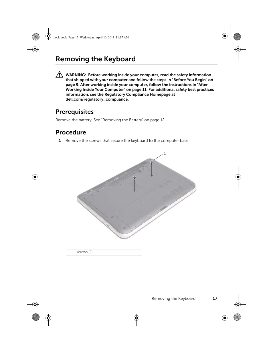 Removing the keyboard, Prerequisites, Procedure | Dell Inspiron M431R (5435, Mid 2013) User Manual | Page 17 / 72