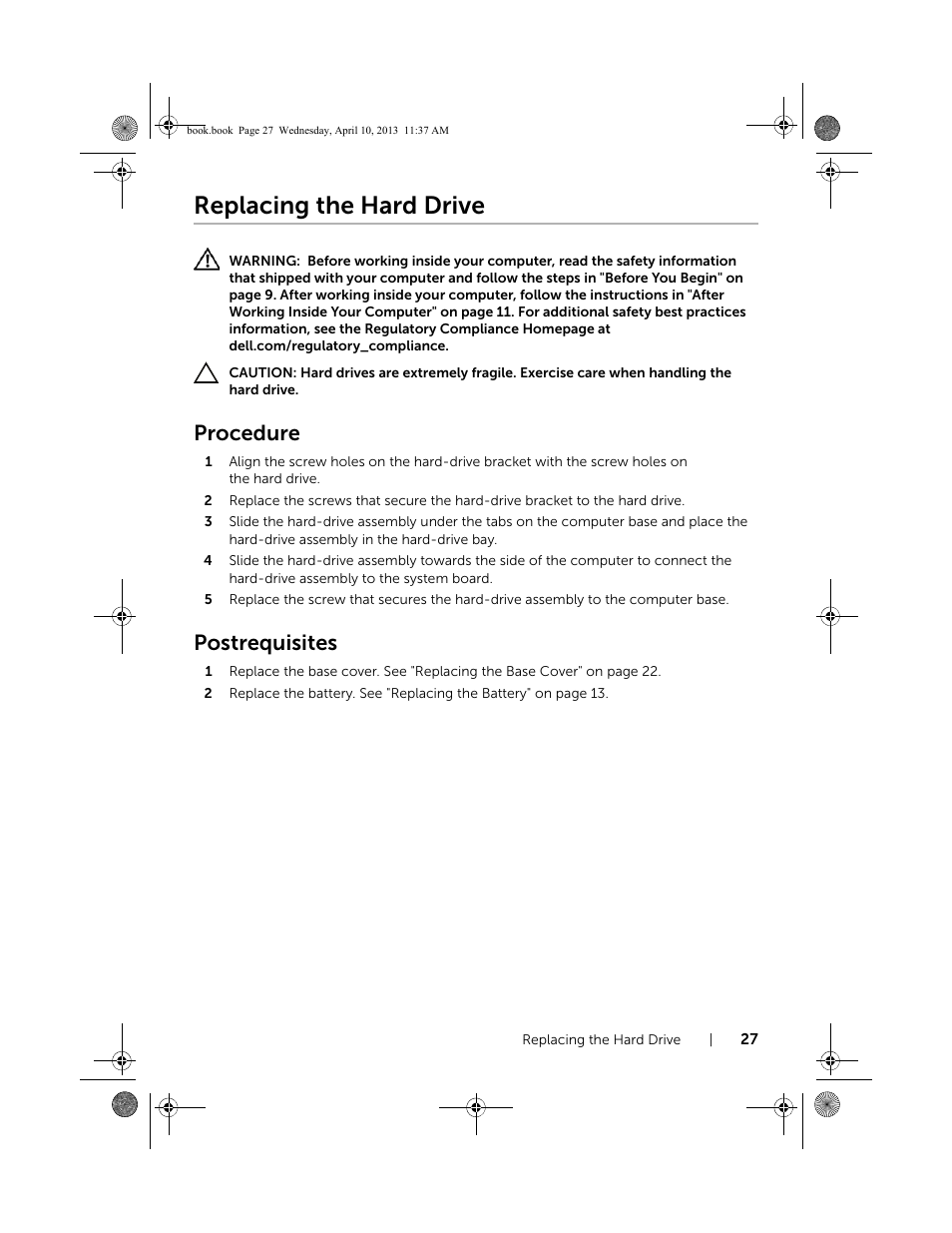 Replacing the hard drive, Procedure, Postrequisites | Dell Inspiron M431R (5435, Mid 2013) User Manual | Page 27 / 72