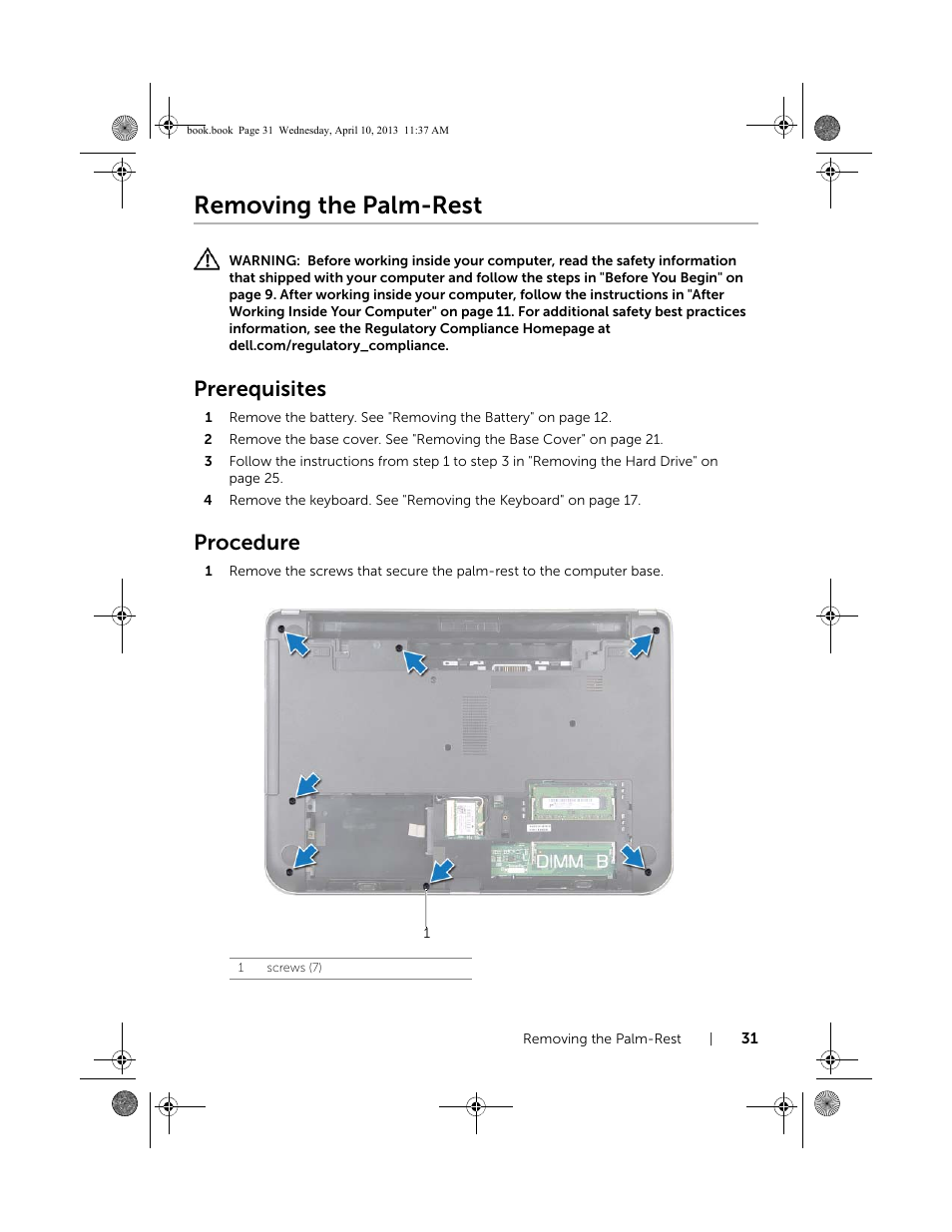 Removing the palm-rest, Prerequisites, Procedure | Dell Inspiron M431R (5435, Mid 2013) User Manual | Page 31 / 72