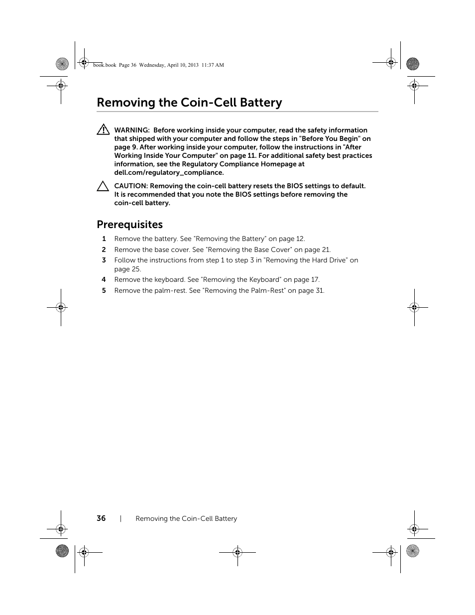 Removing the coin-cell battery, Prerequisites | Dell Inspiron M431R (5435, Mid 2013) User Manual | Page 36 / 72