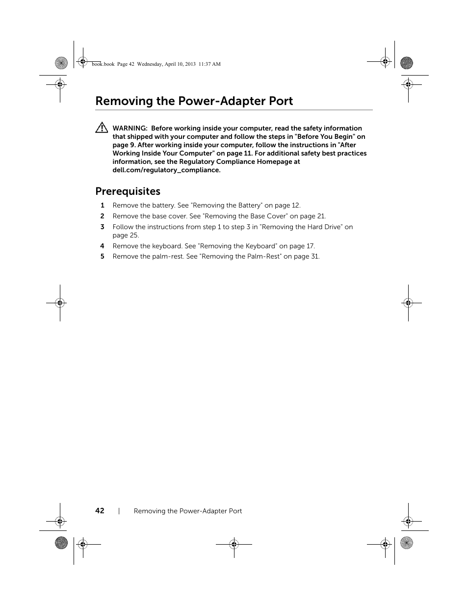 Removing the power-adapter port, Prerequisites | Dell Inspiron M431R (5435, Mid 2013) User Manual | Page 42 / 72