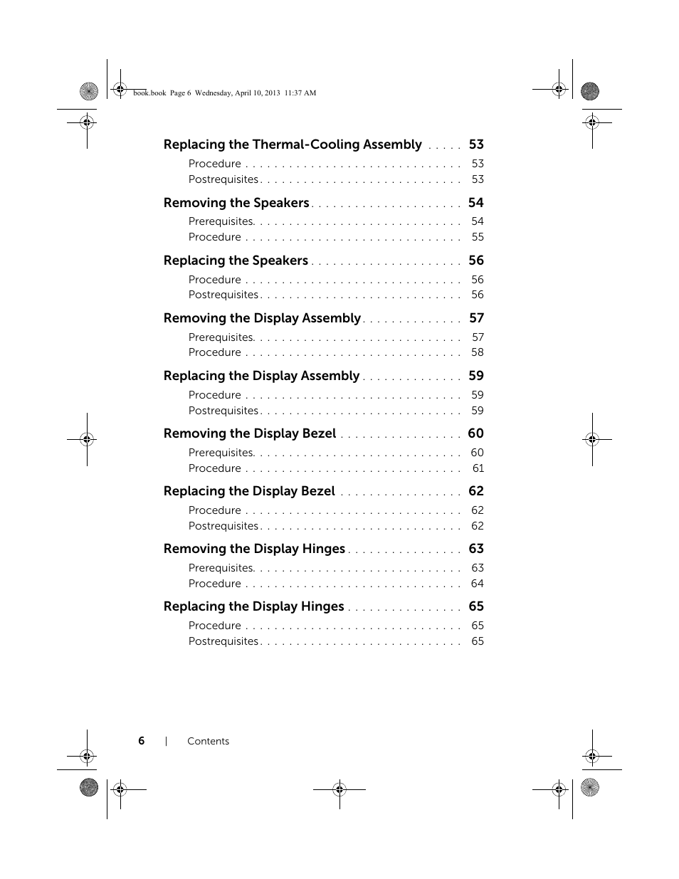 Replacing the thermal-cooling assembly, Removing the speakers, Replacing the speakers | Removing the display assembly, Replacing the display assembly, Removing the display bezel, Replacing the display bezel, Removing the display hinges, Replacing the display hinges | Dell Inspiron M431R (5435, Mid 2013) User Manual | Page 6 / 72