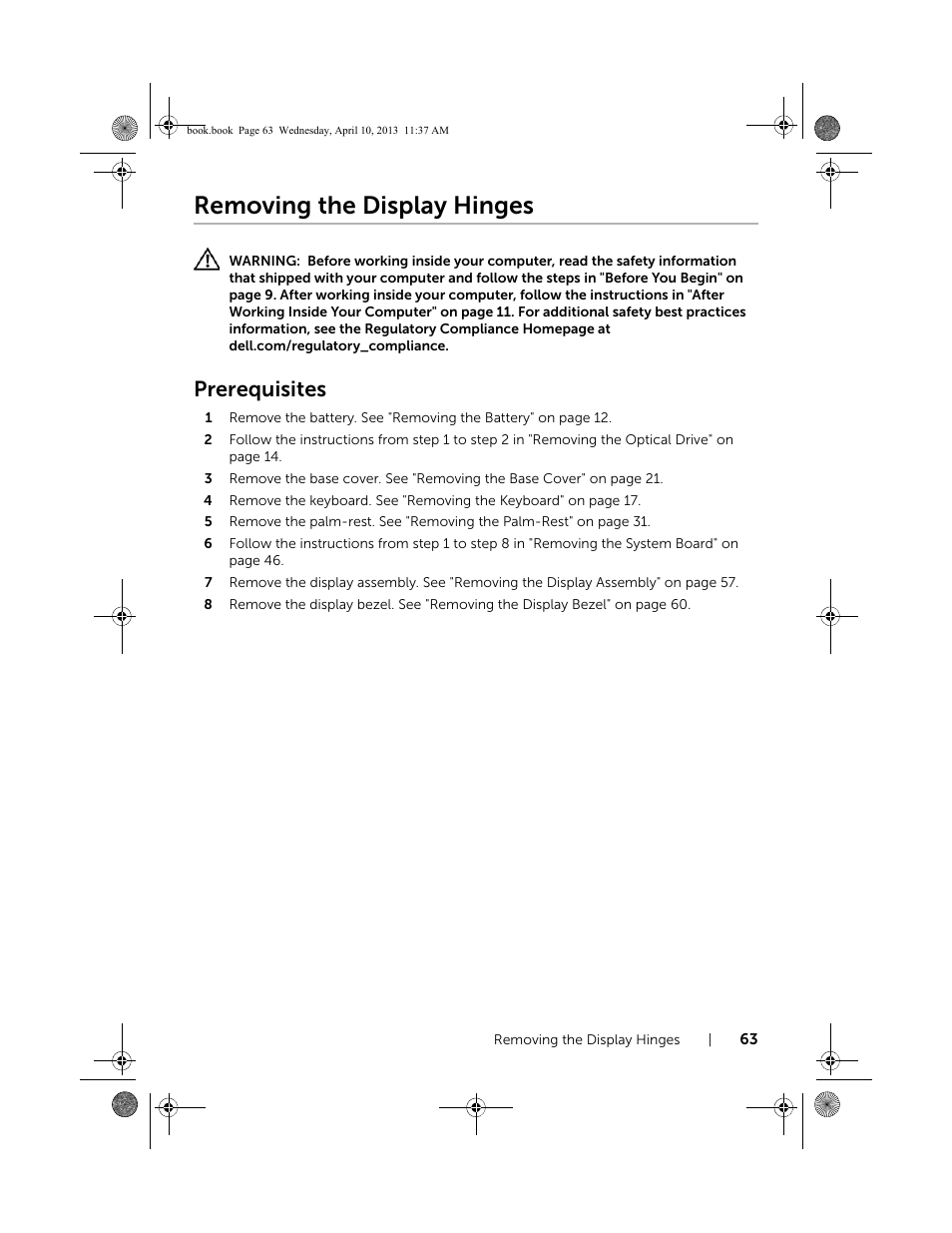 Removing the display hinges, Prerequisites | Dell Inspiron M431R (5435, Mid 2013) User Manual | Page 63 / 72