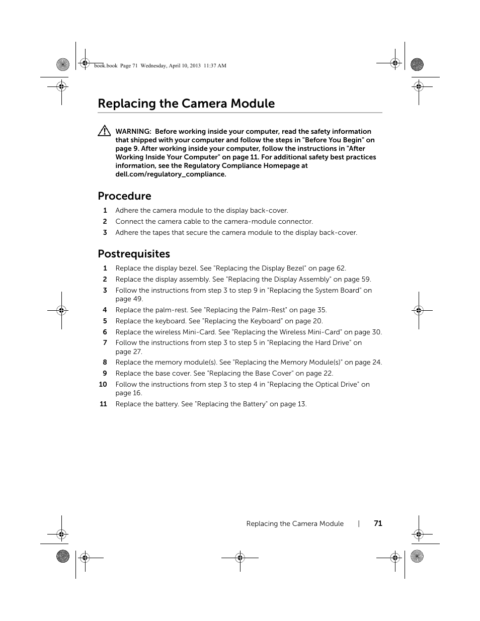 Replacing the camera module, Procedure, Postrequisites | Dell Inspiron M431R (5435, Mid 2013) User Manual | Page 71 / 72