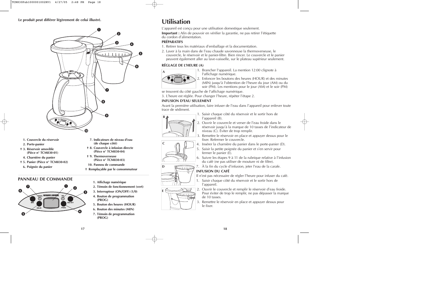 Utilisation, Panneau de commande | Black & Decker TCM830 User Manual | Page 10 / 15