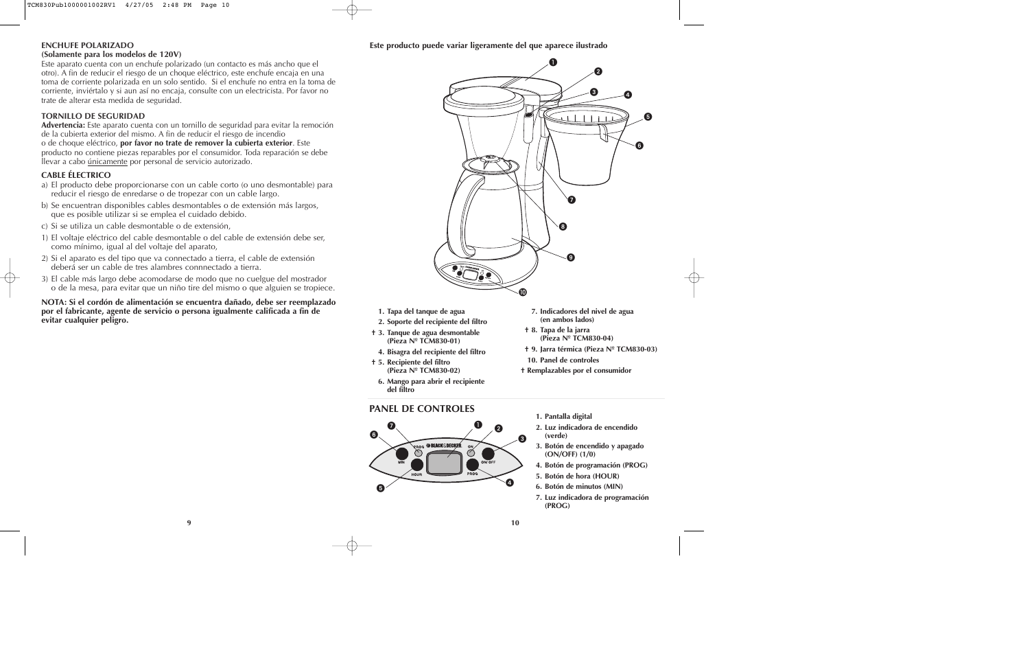 Panel de controles | Black & Decker TCM830 User Manual | Page 6 / 15