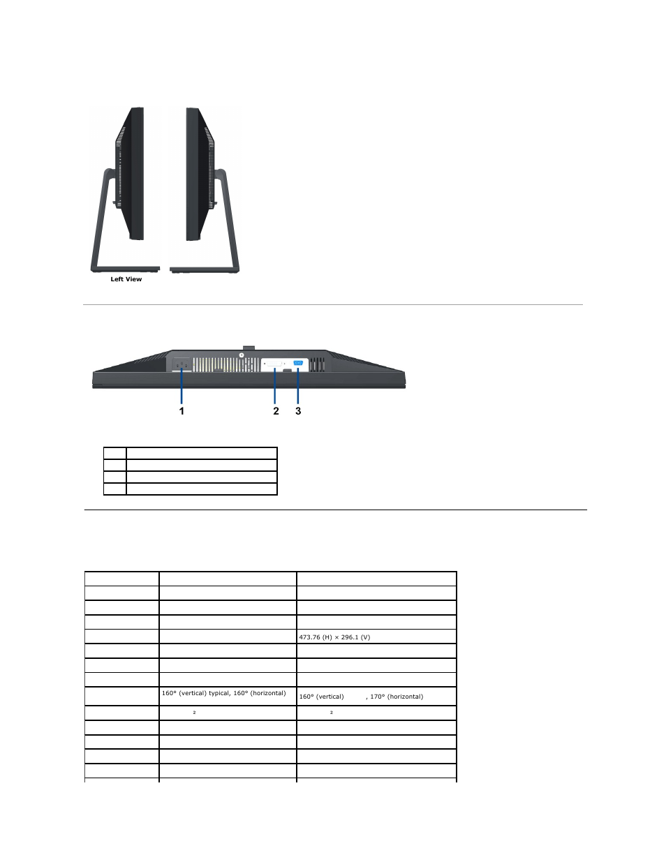 Monitor specifications, Bottom view, Flat panel specifications | Dell E2210 Monitor User Manual | Page 5 / 34