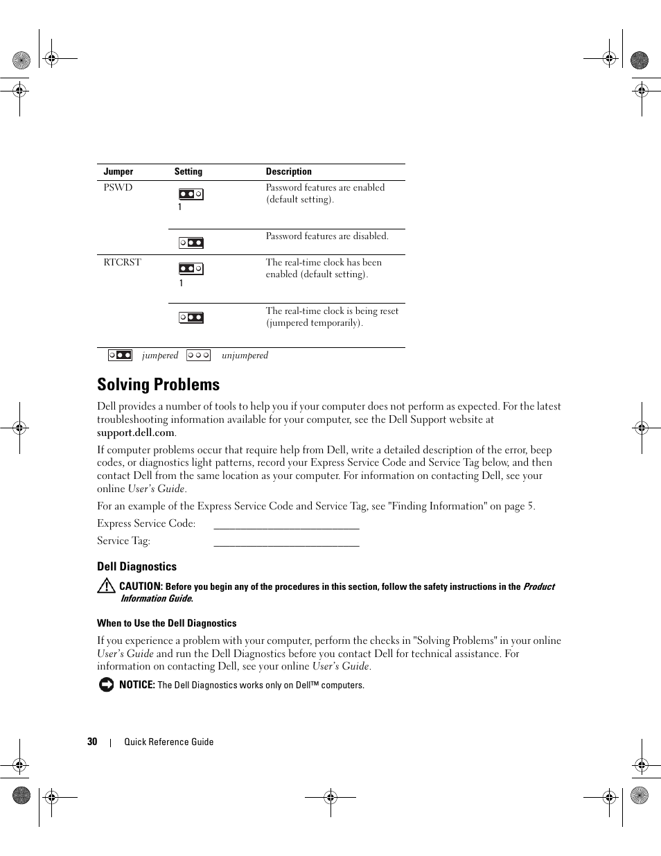 Solving problems, Dell diagnostics | Dell OptiPlex 320 User Manual | Page 30 / 44