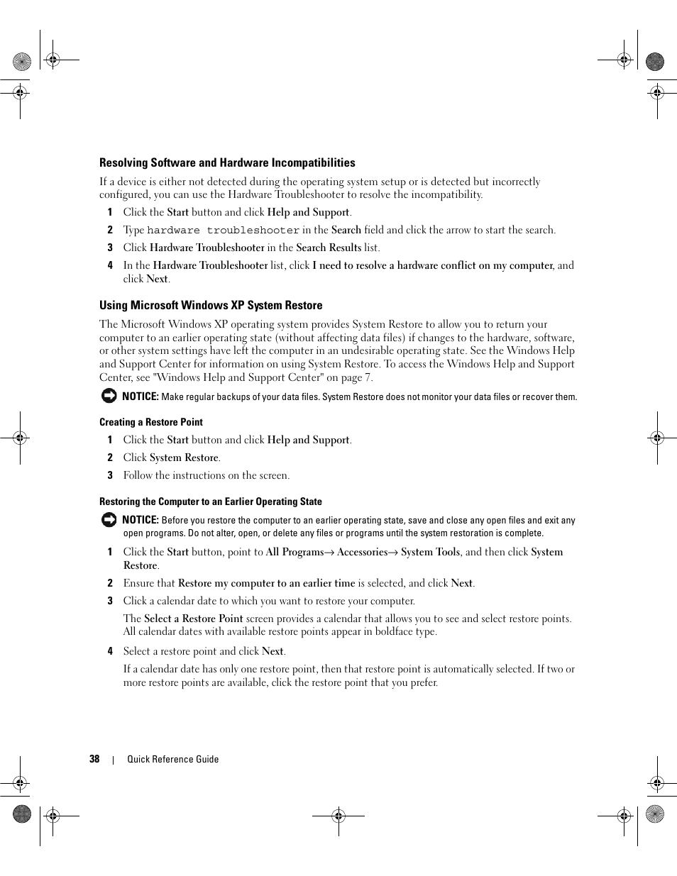 Resolving software and hardware incompatibilities, Using microsoft windows xp system restore | Dell OptiPlex 320 User Manual | Page 38 / 44