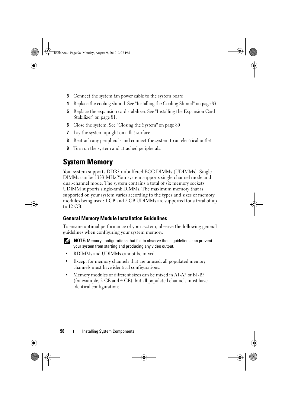 System memory, General memory module installation guidelines, General memory module | Installation guidelines, General memory, Module installation, Installation guidelines" on | Dell PowerVault NX200 User Manual | Page 100 / 166