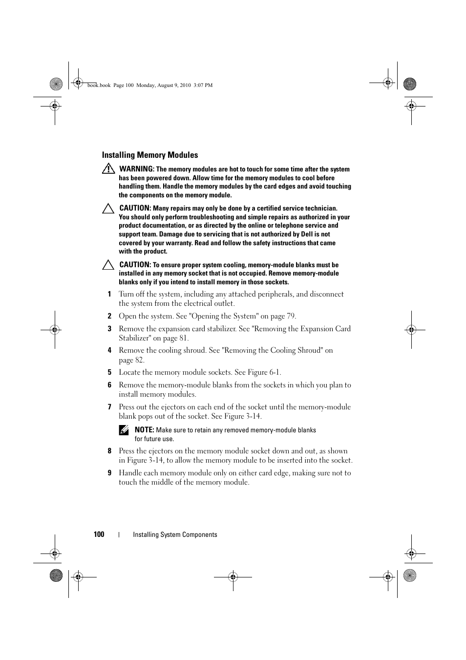 Installing memory modules, Installing memory | Dell PowerVault NX200 User Manual | Page 102 / 166