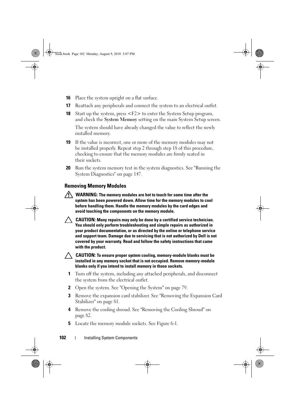Removing memory modules | Dell PowerVault NX200 User Manual | Page 104 / 166