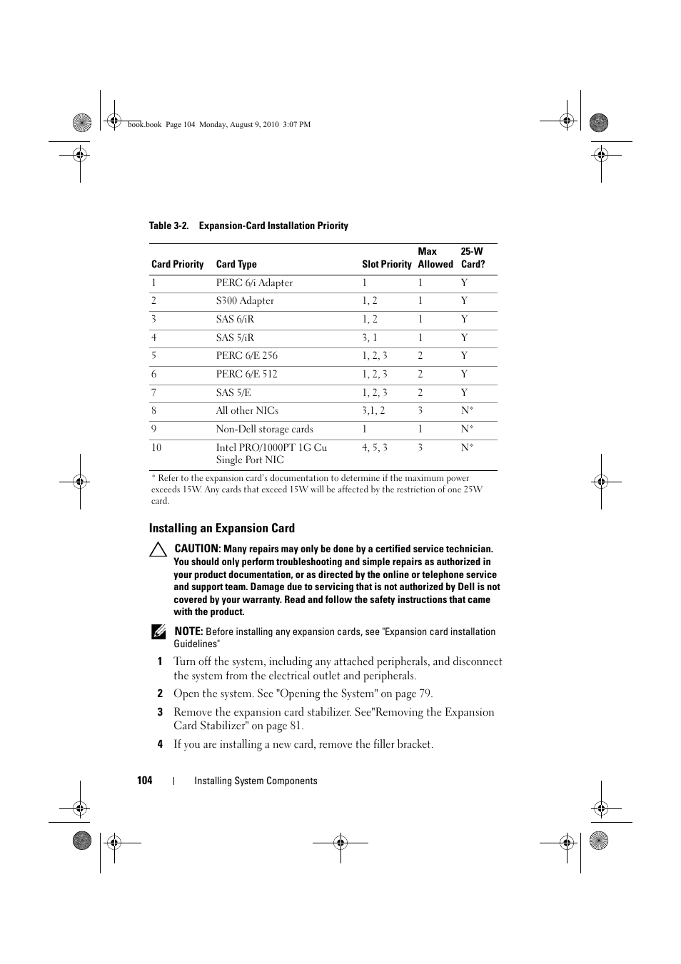 Installing an expansion card, Table 3-2 provi | Dell PowerVault NX200 User Manual | Page 106 / 166
