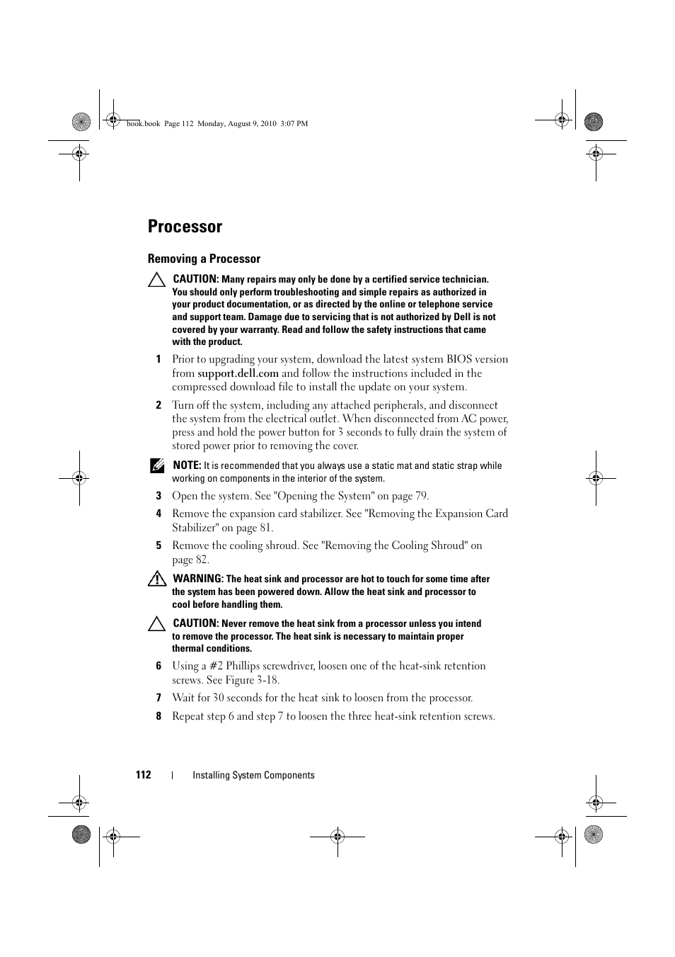 Processor, Removing a processor | Dell PowerVault NX200 User Manual | Page 114 / 166
