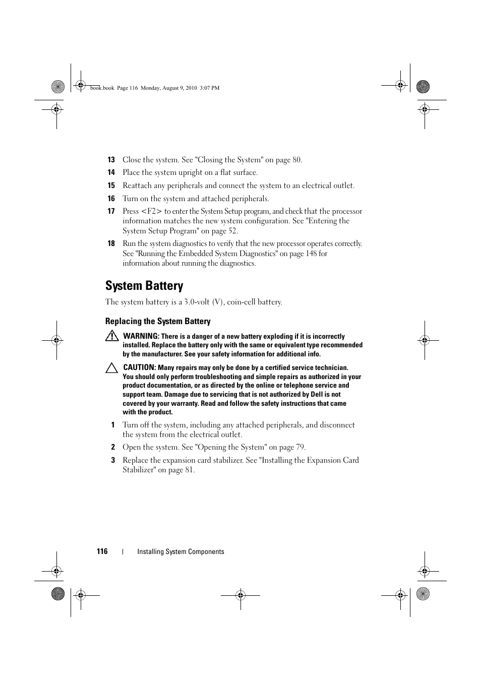 System battery, Replacing the system battery | Dell PowerVault NX200 User Manual | Page 118 / 166