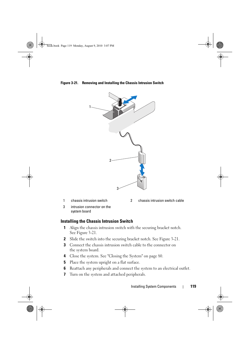 Installing the chassis intrusion switch, D. see figure 3-21 | Dell PowerVault NX200 User Manual | Page 121 / 166