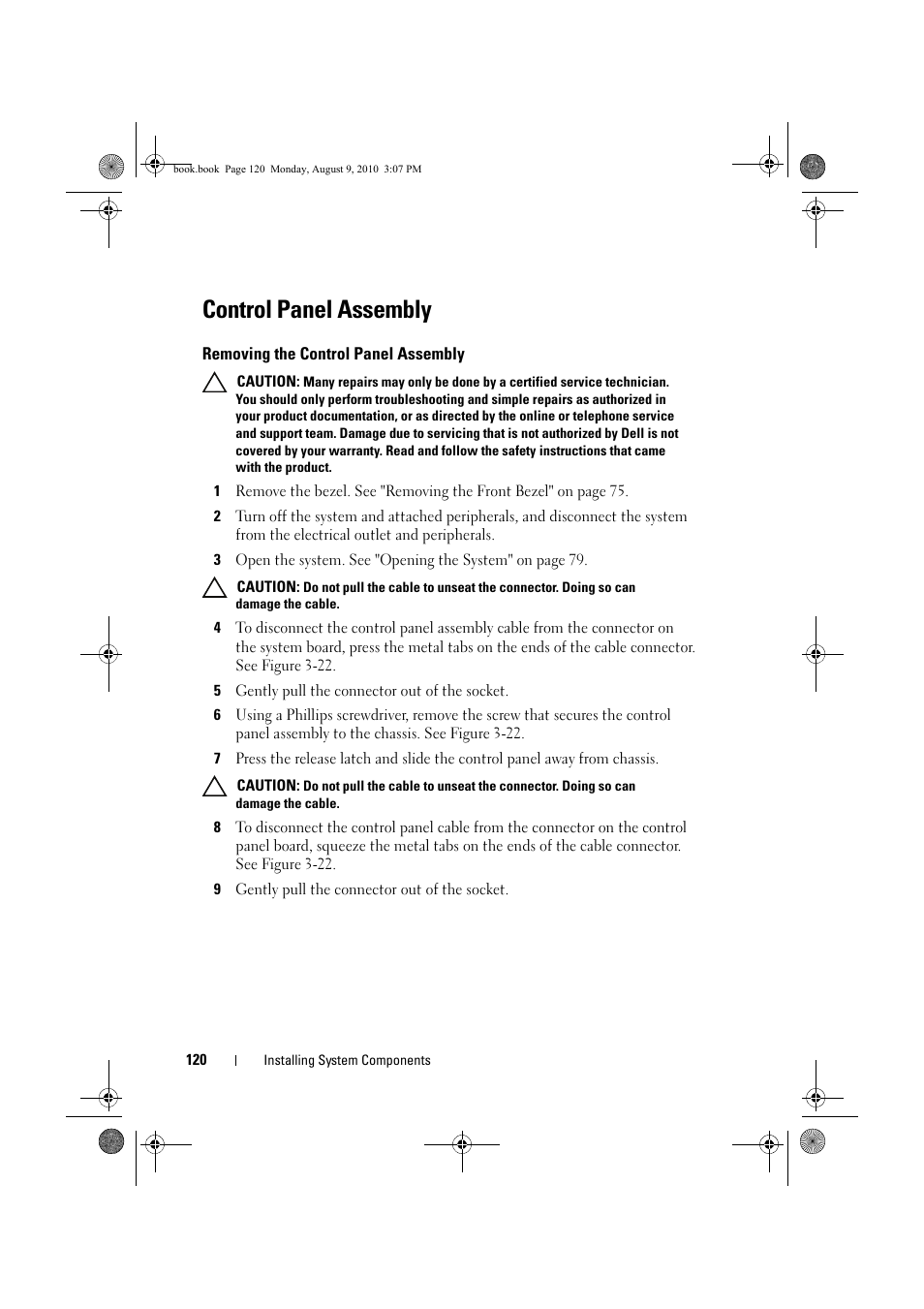 Control panel assembly, Removing the control panel assembly, Control panel assembly" on | Dell PowerVault NX200 User Manual | Page 122 / 166