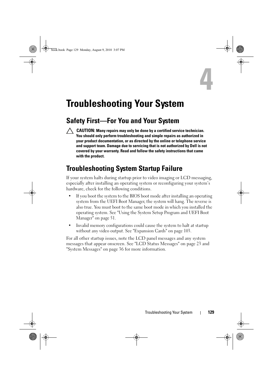Troubleshooting your system, Safety first-for you and your system, Troubleshooting system startup failure | Safety first—for you and your system, In "troubleshooting | Dell PowerVault NX200 User Manual | Page 131 / 166